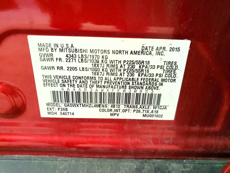 2015 Mitsubishi Outlander Sport მანქანა იყიდება აუქციონზე, vin: 4A4AR3AWXFE030853, აუქციონის ნომერი: 55972536