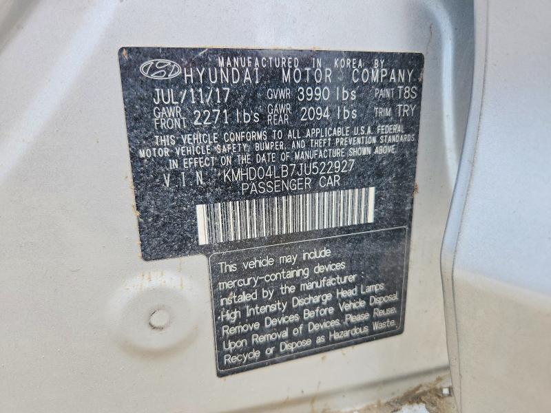 2018 Hyundai Elantra მანქანა იყიდება აუქციონზე, vin: KMHD04LB7JU522927, აუქციონის ნომერი: 57310886