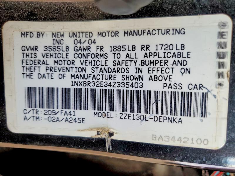 2004 Toyota Corolla მანქანა იყიდება აუქციონზე, vin: 1NXBR32E34Z335403, აუქციონის ნომერი: 58794676