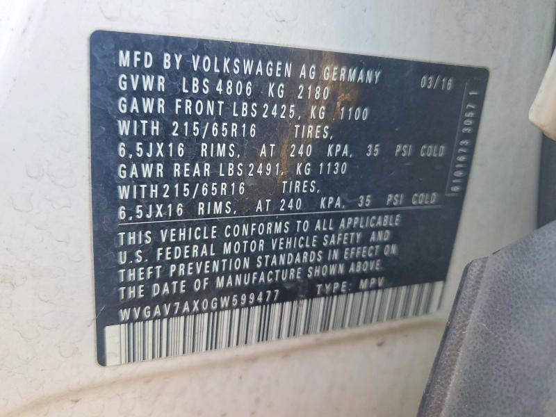 Продажа на аукционе авто 2016 Volkswagen Tiguan, vin: WVGAV7AX0GW599477, номер лота: 55959846