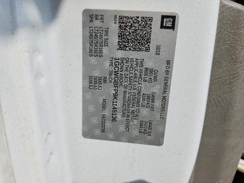 Aukcja sprzedaży 2019 Chevrolet Express G2500, vin: 1GCWGBFP9K1145136, numer aukcji: 58835076