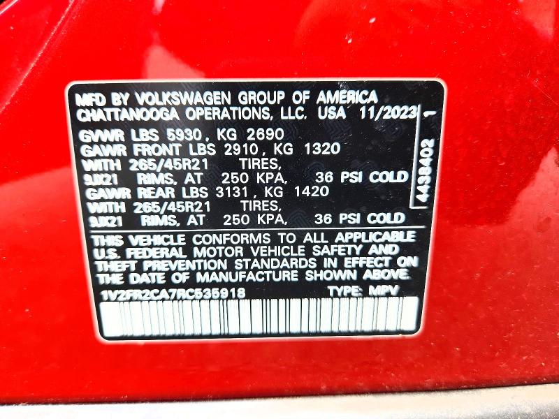 59578716 :رقم المزاد ، 1V2FR2CA7RC535918 vin ، 2024 Volkswagen Atlas مزاد بيع
