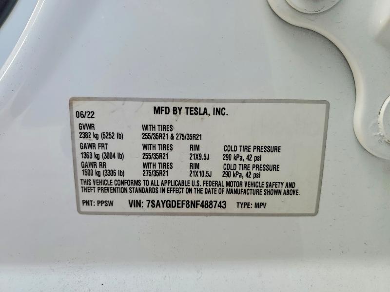 2022 Tesla Model Y მანქანა იყიდება აუქციონზე, vin: 7SAYGDEF8NF488743, აუქციონის ნომერი: 53998696