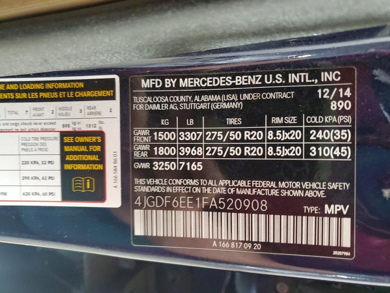 57296176 :رقم المزاد ، 4JGDF6EE1FA520908 vin ، 2015 Mercedes-benz Gl مزاد بيع