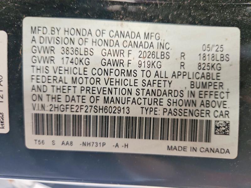 2025 Honda Civic მანქანა იყიდება აუქციონზე, vin: 2HGFE2F27SH602913, აუქციონის ნომერი: 55625026