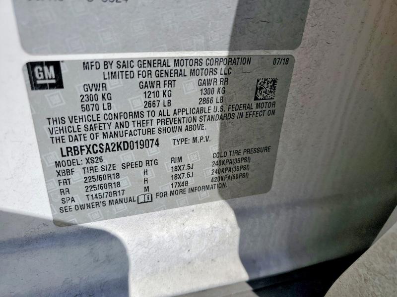 58369046 :رقم المزاد ، LRBFXCSA2KD019074 vin ، 2019 Buick Envision مزاد بيع