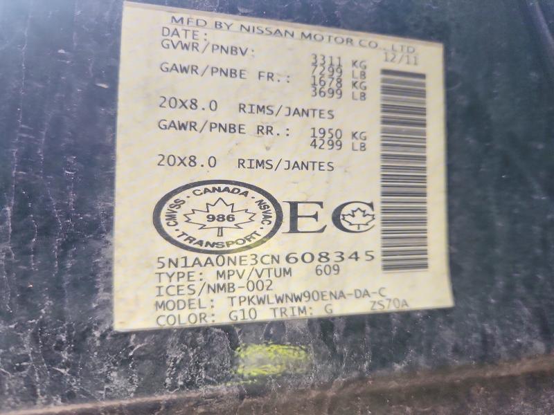 2012 Nissan Armada მანქანა იყიდება აუქციონზე, vin: 5N1AA0NE3CN608345, აუქციონის ნომერი: 58196076