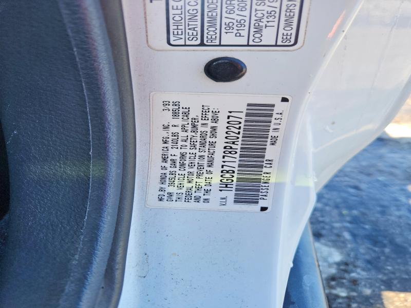 1993 Honda Accord მანქანა იყიდება აუქციონზე, vin: 1HGCB7178PA022071, აუქციონის ნომერი: 57196006