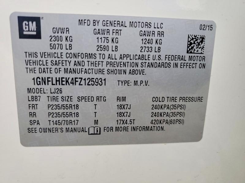 Aukcja sprzedaży 2015 Chevrolet Equinox, vin: 1GNFLHEK4FZ125931, numer aukcji: 56095326