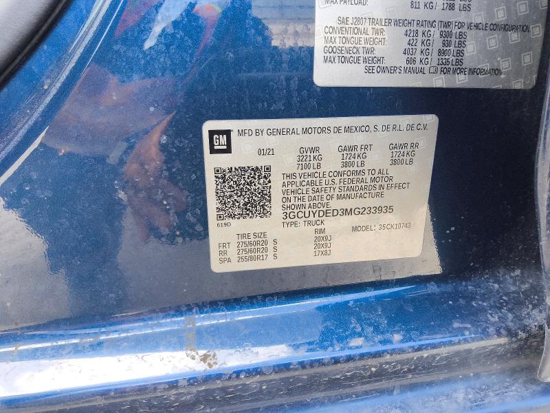 Продажа на аукционе авто 2021 Chevrolet Silverado, vin: 3GCUYDED3MG233935, номер лота: 57331196