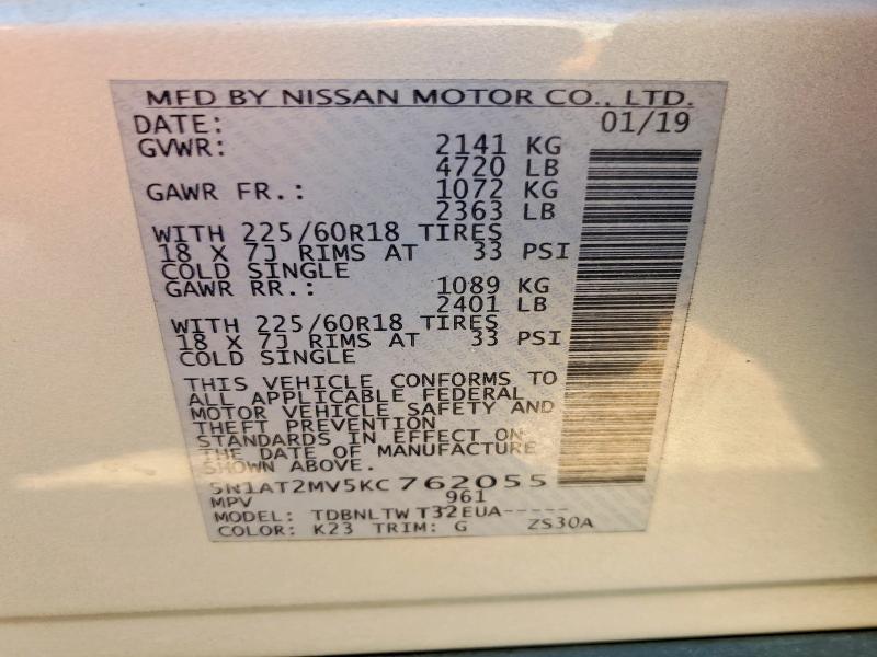 Aukcja sprzedaży 2019 Nissan Rogue, vin: 5N1AT2MV5KC762055, numer aukcji: 57359416