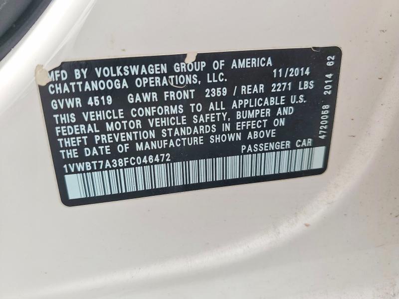 Продажа на аукционе авто 2015 Volkswagen Passat, vin: 1VWBT7A38FC046472, номер лота: 85976365