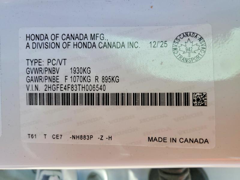2026 Honda Civic მანქანა იყიდება აუქციონზე, vin: 2HGFE4F83TH006540, აუქციონის ნომერი: 55524196