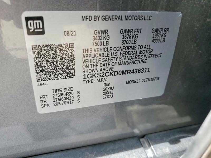 Aukcja sprzedaży 2021 Gmc Yukon, vin: 1GKS2CKD0MR436311, numer aukcji: 58623016