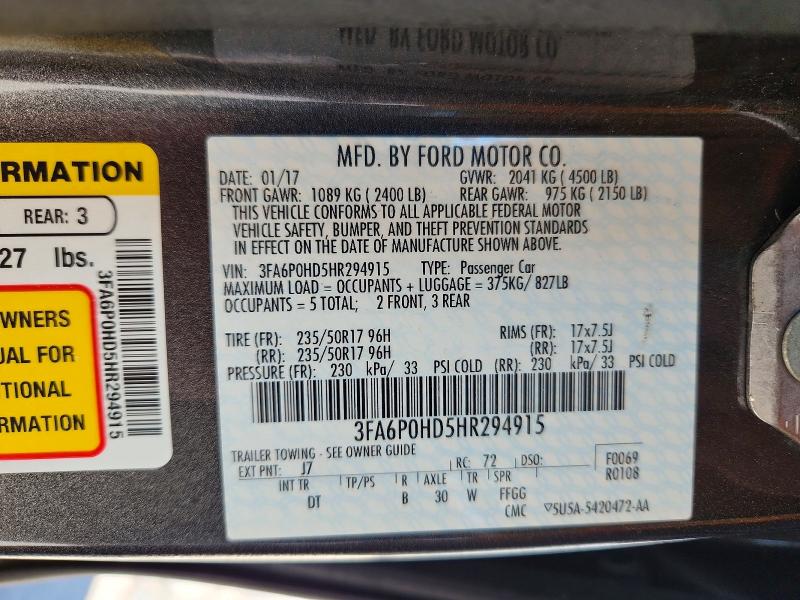 2017 Ford Fusion მანქანა იყიდება აუქციონზე, vin: 3FA6P0HD5HR294915, აუქციონის ნომერი: 56630636