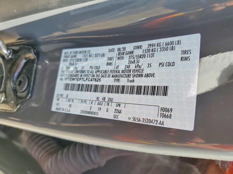 2020 Ford F150 მანქანა იყიდება აუქციონზე, vin: 1FTEW1EP7LFC47825, აუქციონის ნომერი: 55506346