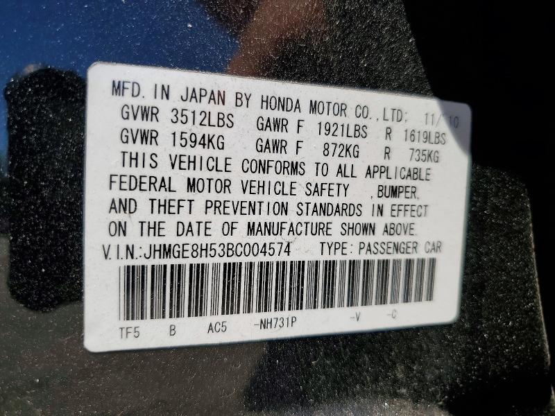 57934746 :رقم المزاد ، JHMGE8H53BC004574 vin ، 2011 Honda Fit مزاد بيع