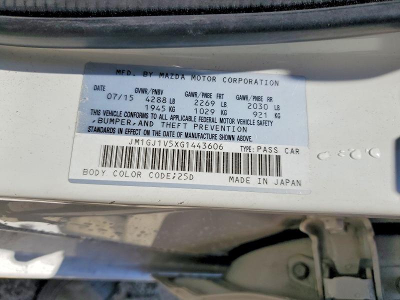 2016 Mazda 6 მანქანა იყიდება აუქციონზე, vin: JM1GJ1V5XG1443606, აუქციონის ნომერი: 59013516