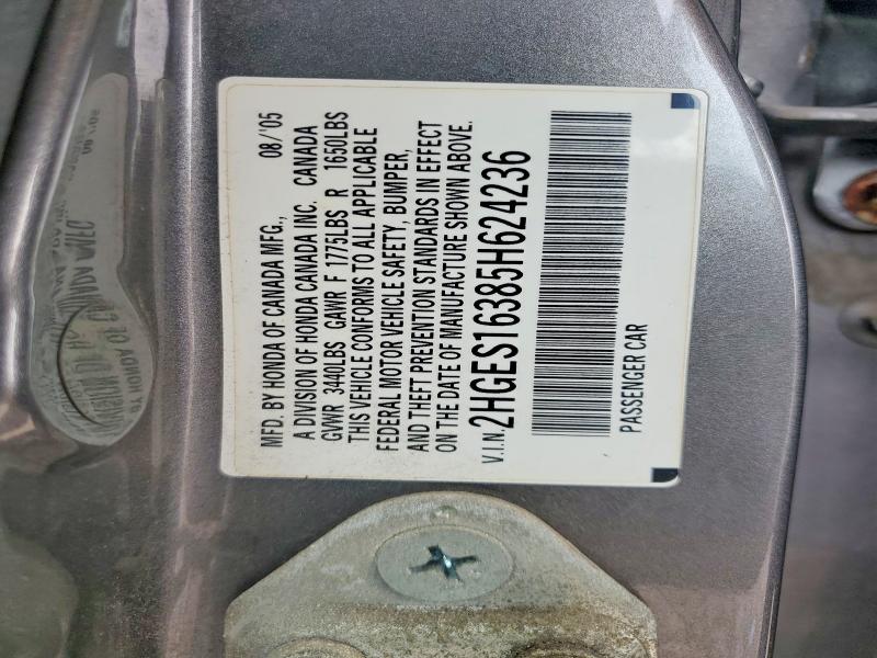 2005 Honda Civic მანქანა იყიდება აუქციონზე, vin: 2HGES16385H624236, აუქციონის ნომერი: 59116086