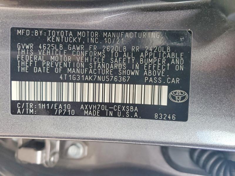 2022 Toyota Camry Hybrid მანქანა იყიდება აუქციონზე, vin: 4T1G31AK7NU576367, აუქციონის ნომერი: 57731136