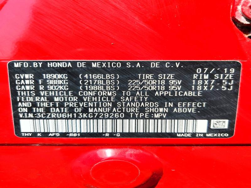 Продажа на аукционе авто 2019 Honda Hr-v, vin: 3CZRU6H13KG729260, номер лота: 59255616