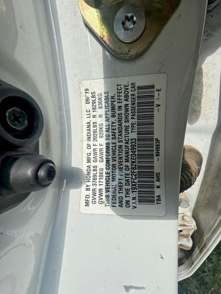 Продажа на аукционе авто 2019 Honda Civic, vin: 19XFC2F82KE049933, номер лота: 58550836
