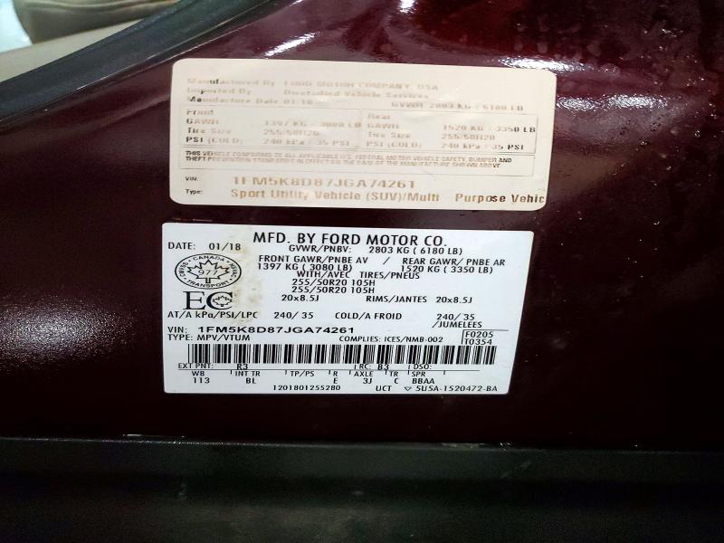58136186 :رقم المزاد ، 1FM5K8D87JGA74261 vin ، 2018 Ford Explorer مزاد بيع
