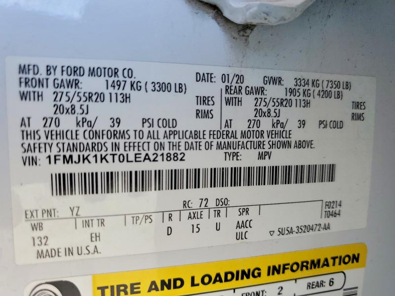 2020 Ford Expedition მანქანა იყიდება აუქციონზე, vin: 1FMJK1KT0LEA21882, აუქციონის ნომერი: 55910766