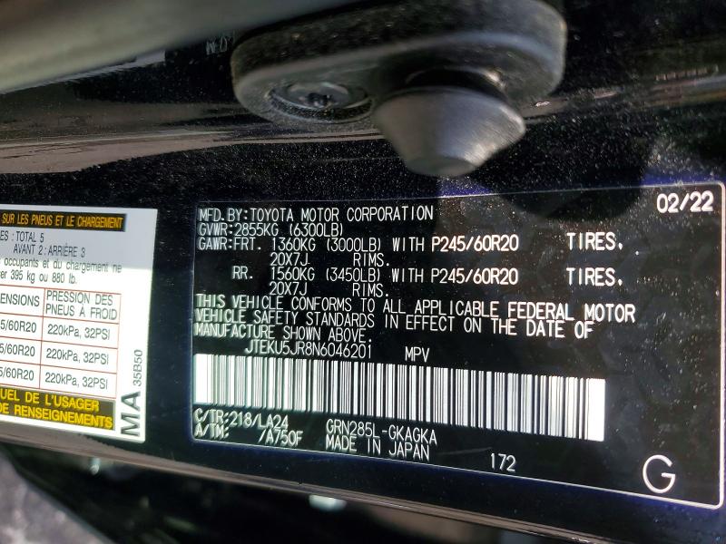 54481966 :رقم المزاد ، JTEKU5JR8N6046201 vin ، 2022 Toyota 4runner مزاد بيع