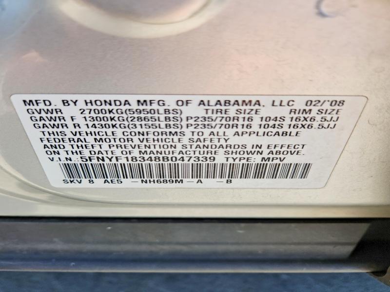 Продаж на аукціоні авто 2008 Honda Pilot, vin: 5FNYF18348B047339, номер лоту: 57271706