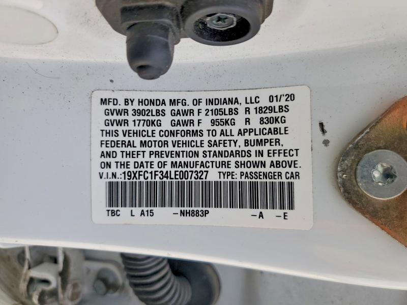 2020 Honda Civic მანქანა იყიდება აუქციონზე, vin: 19XFC1F34LE007327, აუქციონის ნომერი: 55712156