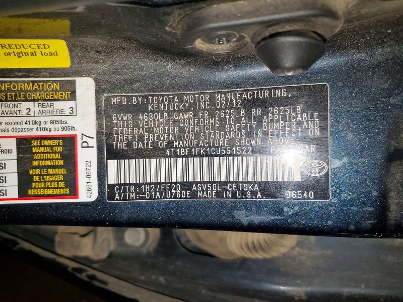 Aukcja sprzedaży 2012 Toyota Camry, vin: 4T1BF1FK1CU551522, numer aukcji: 56775436