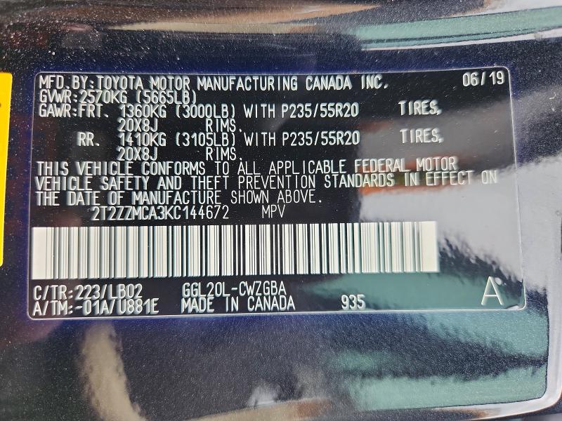 57193786 :رقم المزاد ، 2T2ZZMCA3KC144672 vin ، 2019 Lexus Rx 350 مزاد بيع
