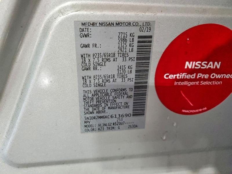 2019 Nissan Pathfinder მანქანა იყიდება აუქციონზე, vin: 5N1DR2MM6KC613690, აუქციონის ნომერი: 58554366