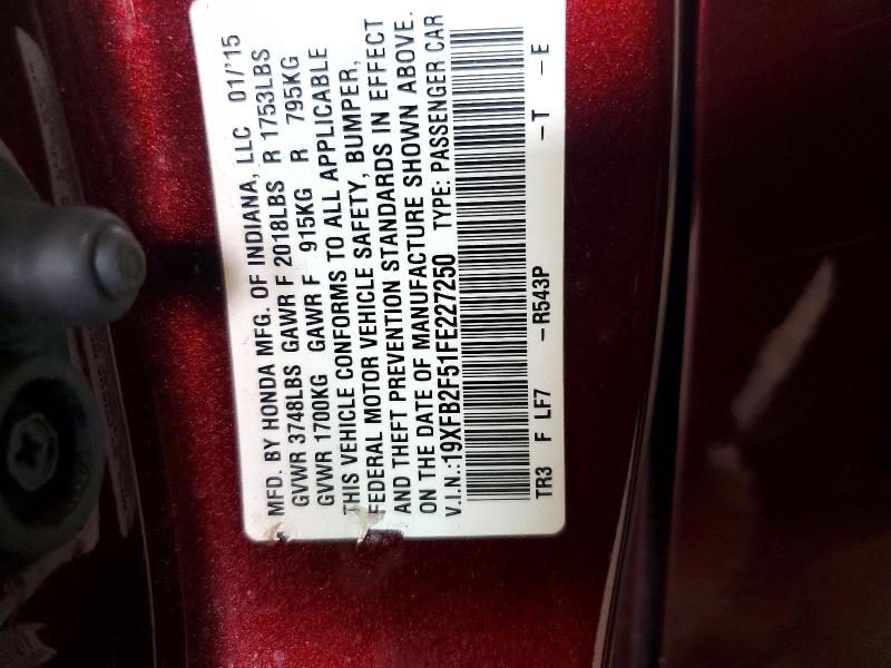 2015 Honda Civic მანქანა იყიდება აუქციონზე, vin: 19XFB2F51FE227250, აუქციონის ნომერი: 59169726