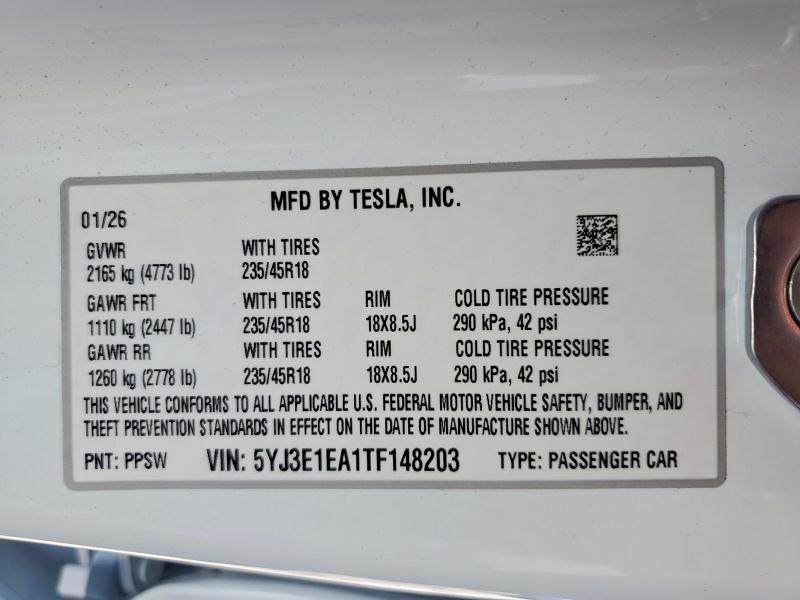 2026 Tesla Model 3 მანქანა იყიდება აუქციონზე, vin: 5YJ3E1EA1TF148203, აუქციონის ნომერი: 57195126