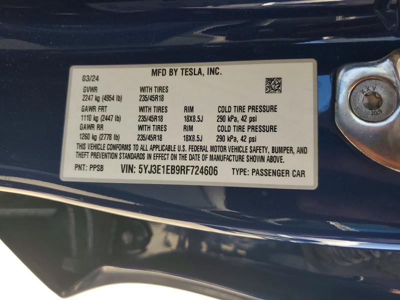 56895126 :رقم المزاد ، 5YJ3E1EB9RF724606 vin ، 2024 Tesla Model 3 مزاد بيع