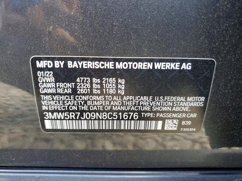 2022 Bmw 330xi მანქანა იყიდება აუქციონზე, vin: 3MW5R7J09N8C51676, აუქციონის ნომერი: 57040256