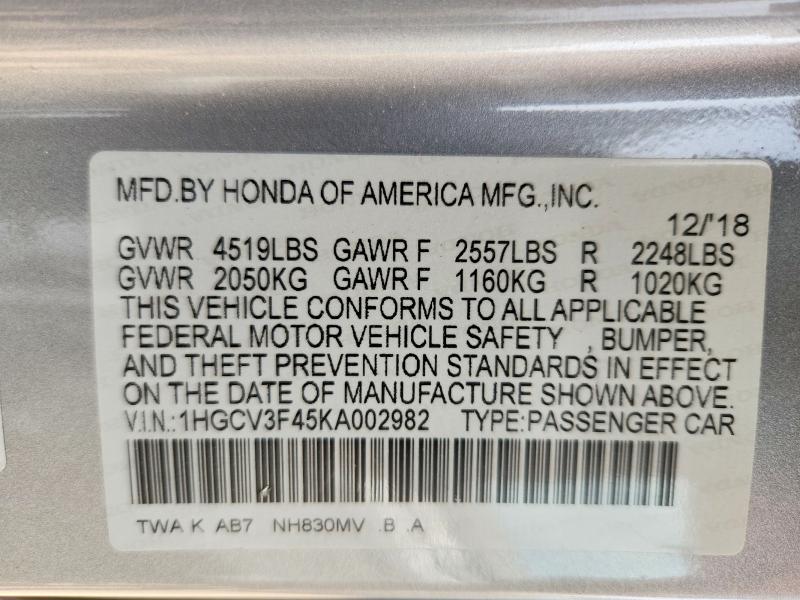 Aukcja sprzedaży 2019 Honda Accord, vin: 1HGCV3F45KA002982, numer aukcji: 55436716