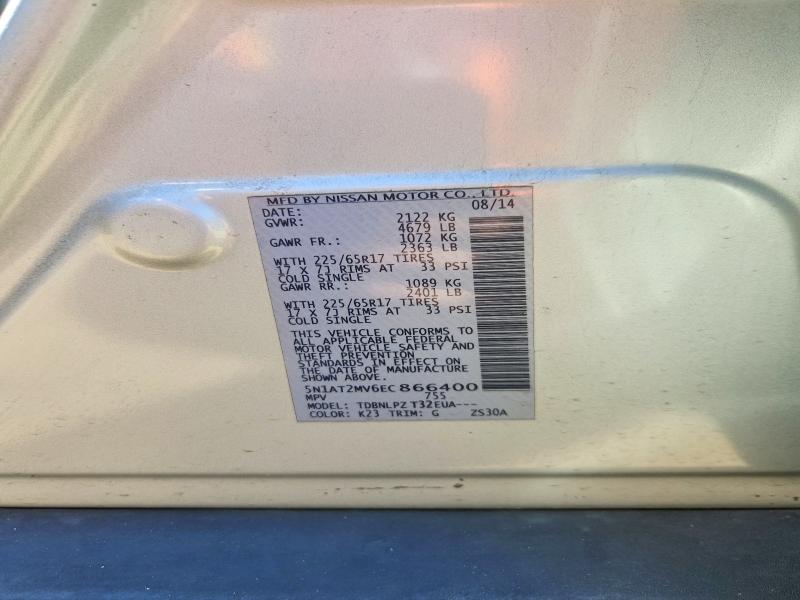 55334986 :رقم المزاد ، 5N1AT2MV6EC866400 vin ، 2014 Nissan Rogue مزاد بيع