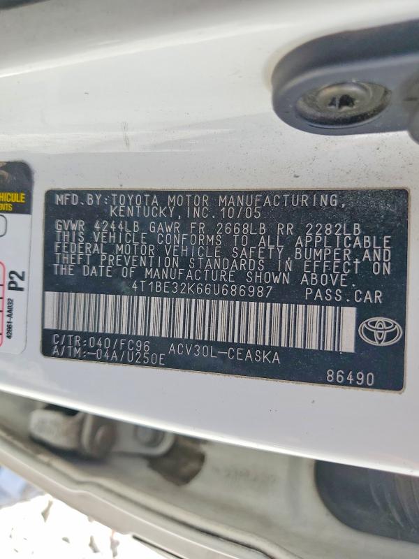 Продажа на аукционе авто 2006 Toyota Camry, vin: 4T1BE32K66U686987, номер лота: 56078686