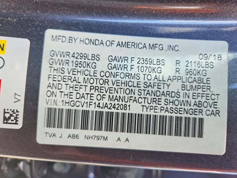 56753736 :رقم المزاد ، 1HGCV1F14JA242081 vin ، 2018 Honda Accord مزاد بيع