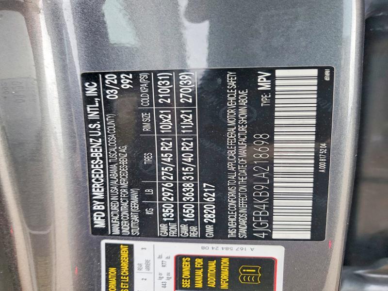 57004536 :رقم المزاد ، 4JGFB4KB9LA218698 vin ، 2020 Mercedes-benz Gle مزاد بيع