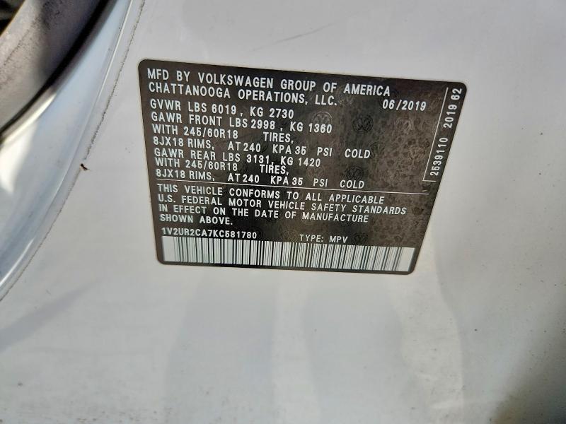 55747686 :رقم المزاد ، 1V2UR2CA7KC581780 vin ، 2019 Volkswagen Atlas مزاد بيع