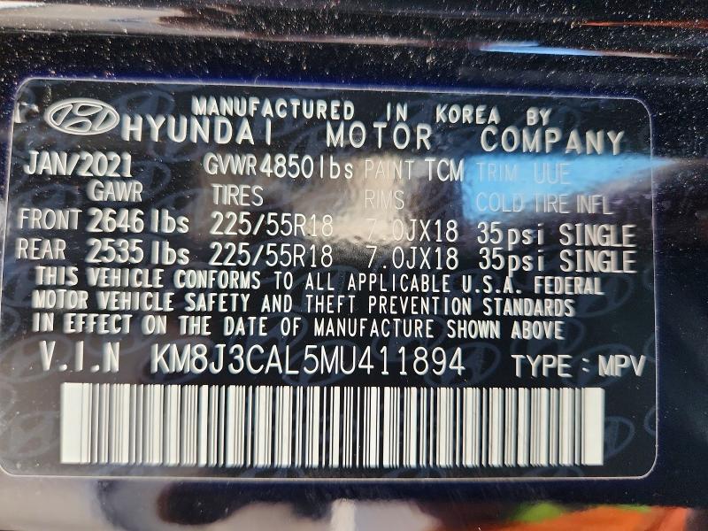 Продаж на аукціоні авто 2021 Hyundai Tucson, vin: KM8J3CAL5MU411894, номер лоту: 56303406