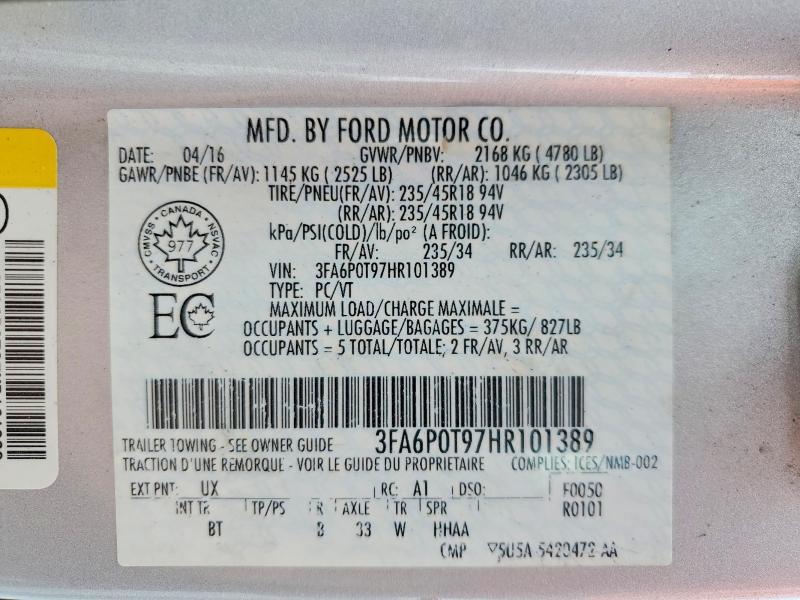 2017 Ford Fusion მანქანა იყიდება აუქციონზე, vin: 3FA6P0T97HR101389, აუქციონის ნომერი: 56790696