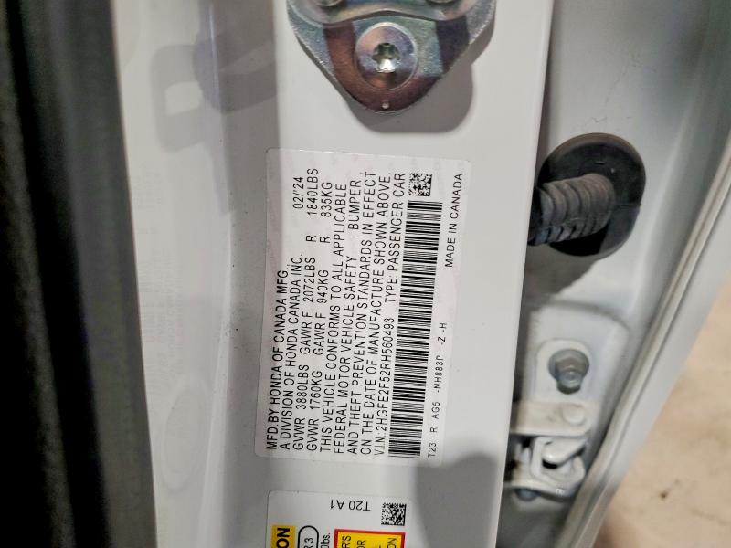 2024 Honda Civic მანქანა იყიდება აუქციონზე, vin: 2HGFE2F52RH560493, აუქციონის ნომერი: 58452846