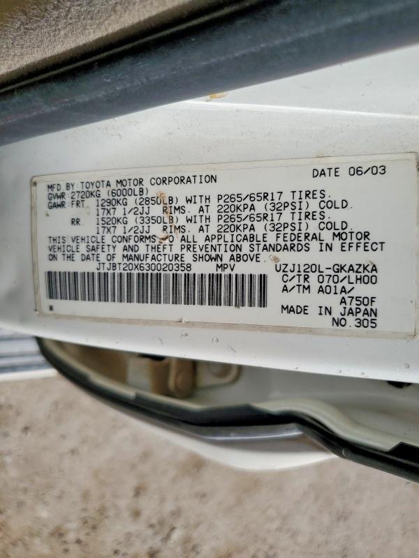 Aukcja sprzedaży 2003 Lexus Gx, vin: JTJBT20X630020358, numer aukcji: 56685846