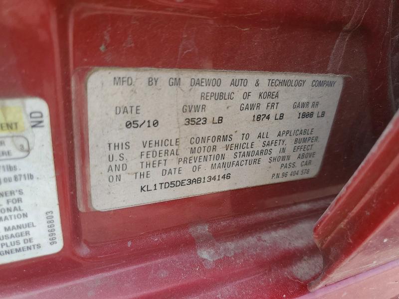 56110756 :رقم المزاد ، KL1TD5DE3AB134146 vin ، 2010 Chevrolet Aveo مزاد بيع