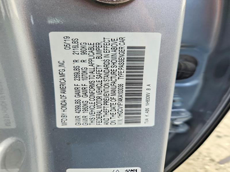 59210146 :رقم المزاد ، 1HGCV1F14KA103036 vin ، 2019 Honda Accord مزاد بيع